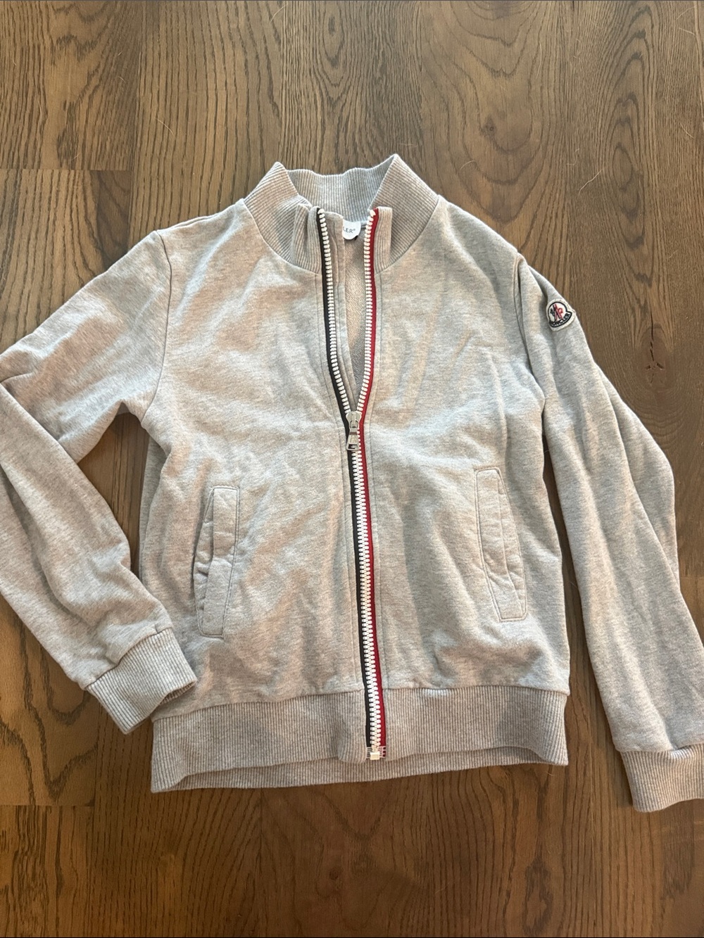 Moncler Light Grey Boys Zip-up Jacket with Tricolor Trim 8 yrs